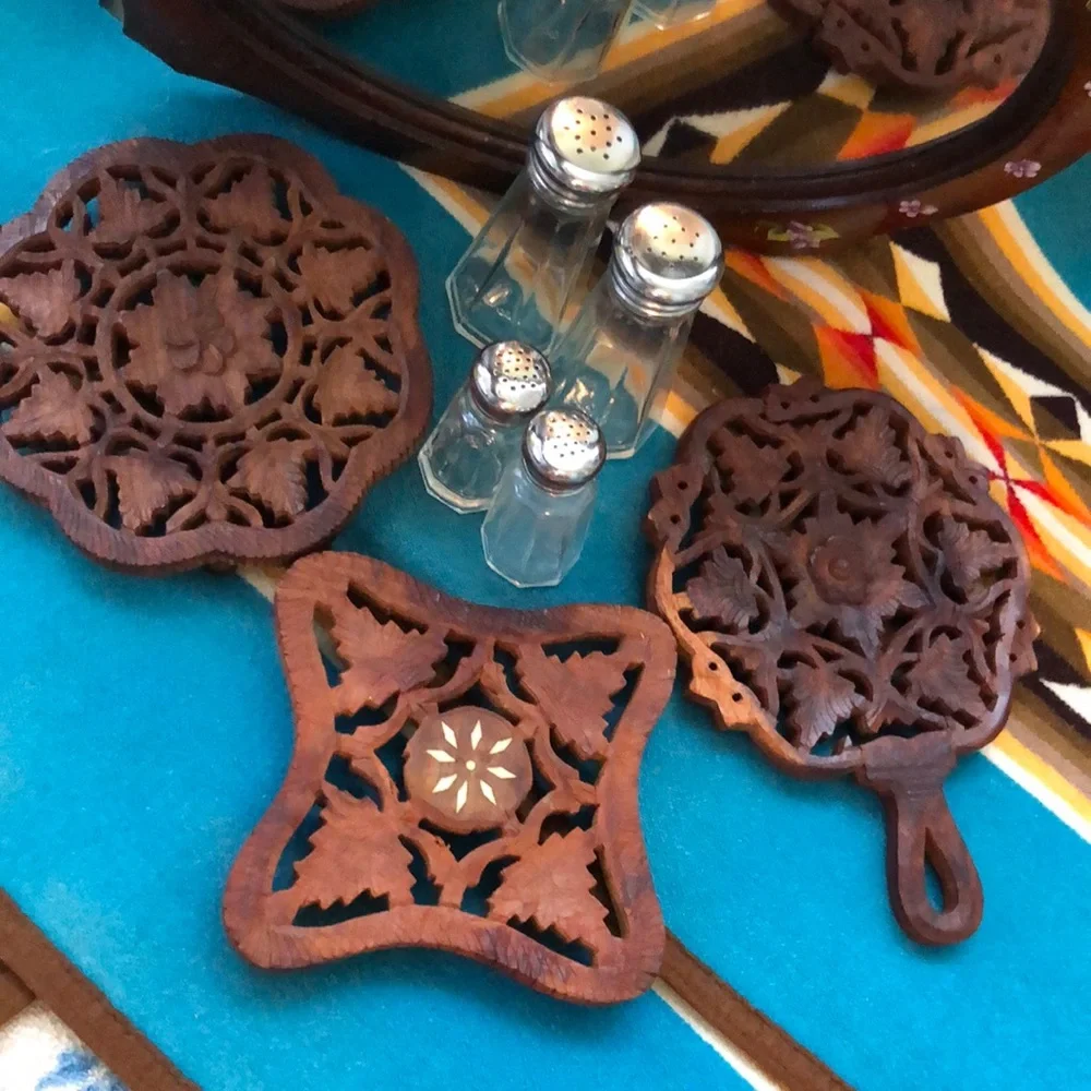 2 SETS SALT & PEPPER  3- CARVED  WOOD TRIVETS   5pc  CARVED  COASTERS S…